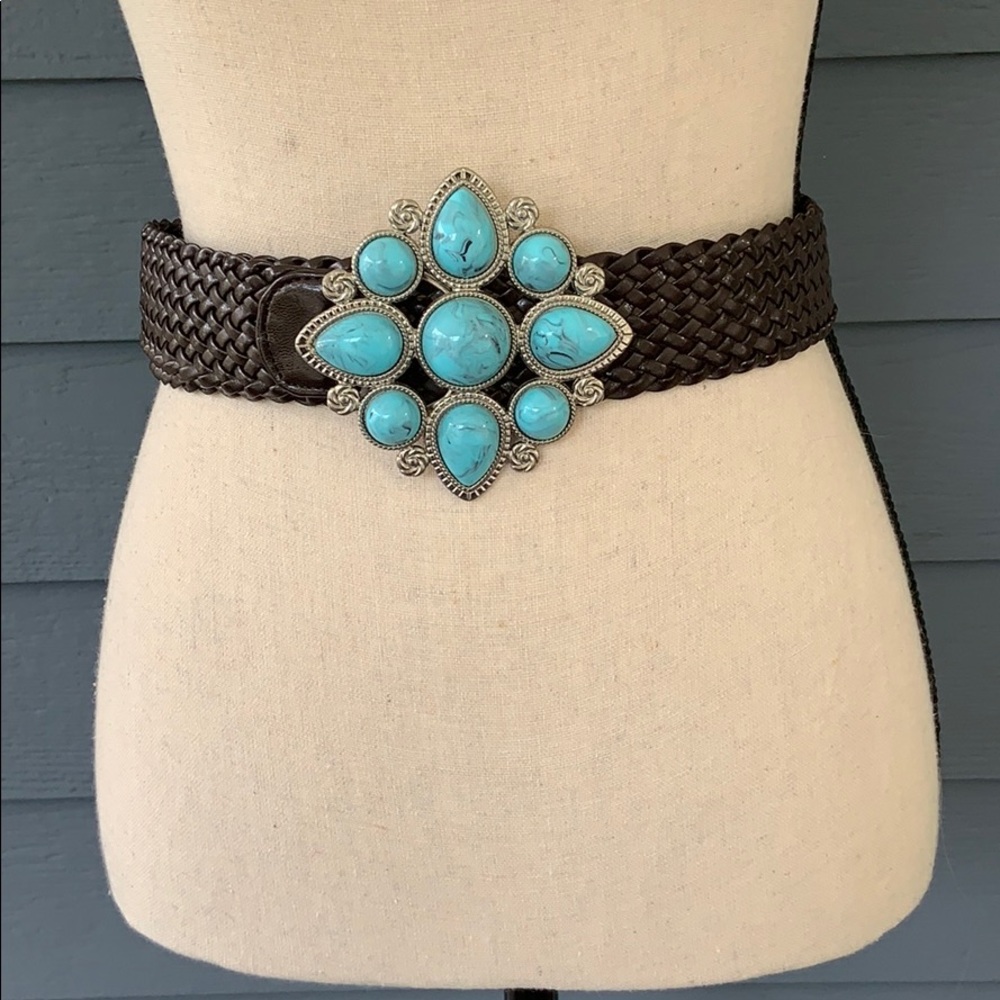 Brown Woven Belt with Turquoise Stone Accent